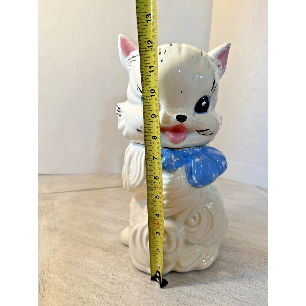 Vintage American Bisque Fluffy Cat Cookie Jar Blue Bow 1940s 1950s Pottery USA